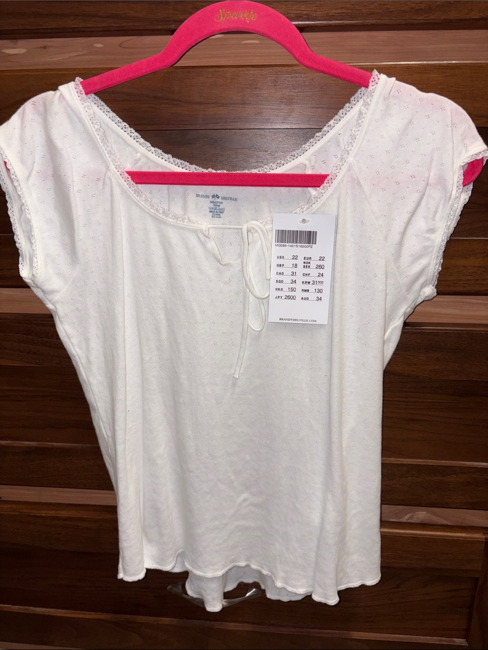 Brandy Melville NWT White Cotton Tie-Neck Short Sleeve Eyelet Top